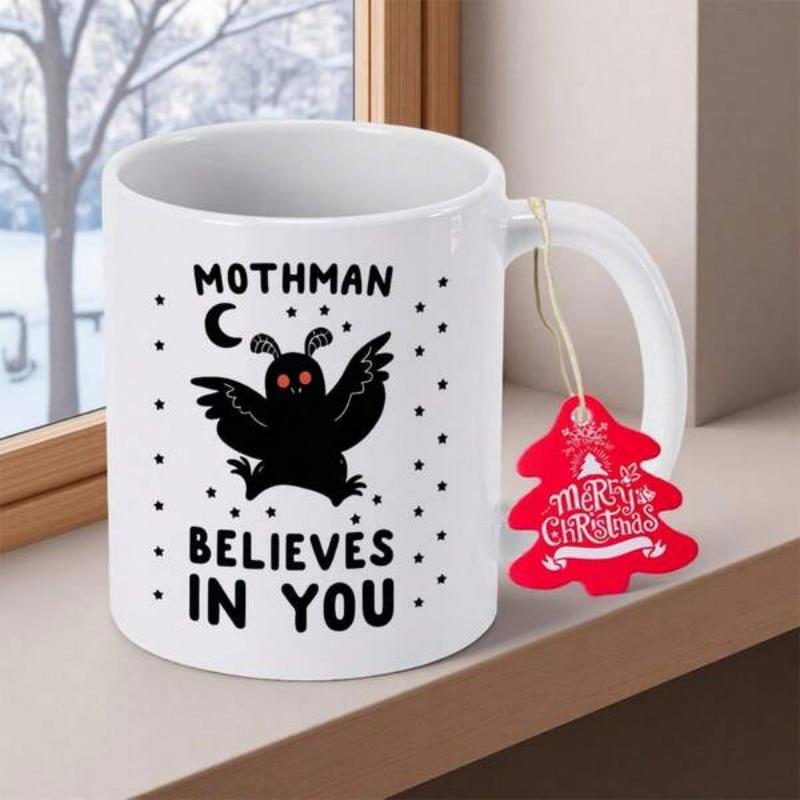 Tailorly White Ceramic 11 oz Mug - Mothman Believes In You Charming Cartoon Cryptid Silhouette Under Crescent Moon And Sparkling Stars Mothman