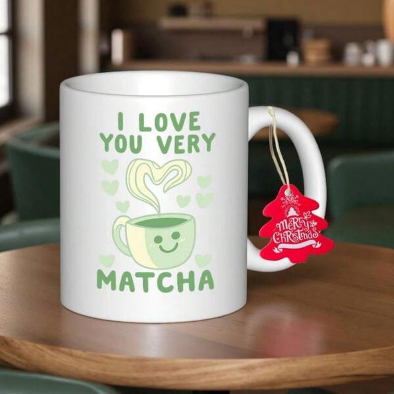 Tailorly White Ceramic 11 oz Mug - I Love You Very Matcha Smiling Green Mug With Heart Shaped Steam And Tiny Hearts Matcha