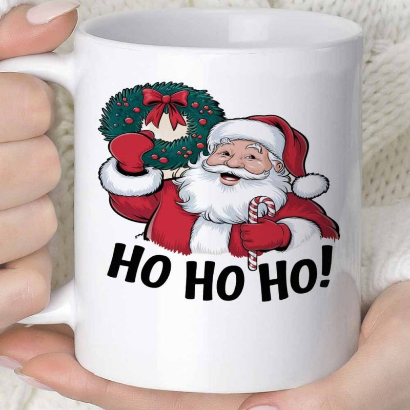 Tailorly White Ceramic 11 oz Mug - Ho Ho Ho Festive Santa Claus Lifting A Christmas Wreath And Candy Cane Santa