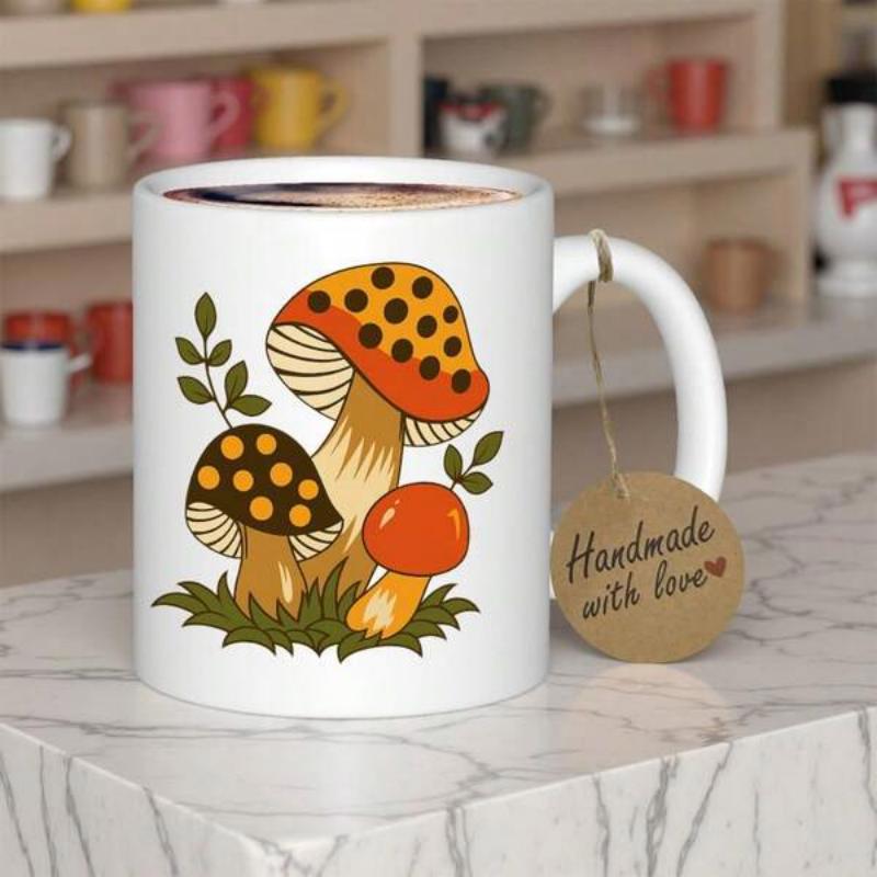 Tailorly White Ceramic 11 oz Mug - Handmade With Love Vintage Orange Spotted Fungi Growing Among Green Foliage Mushroom