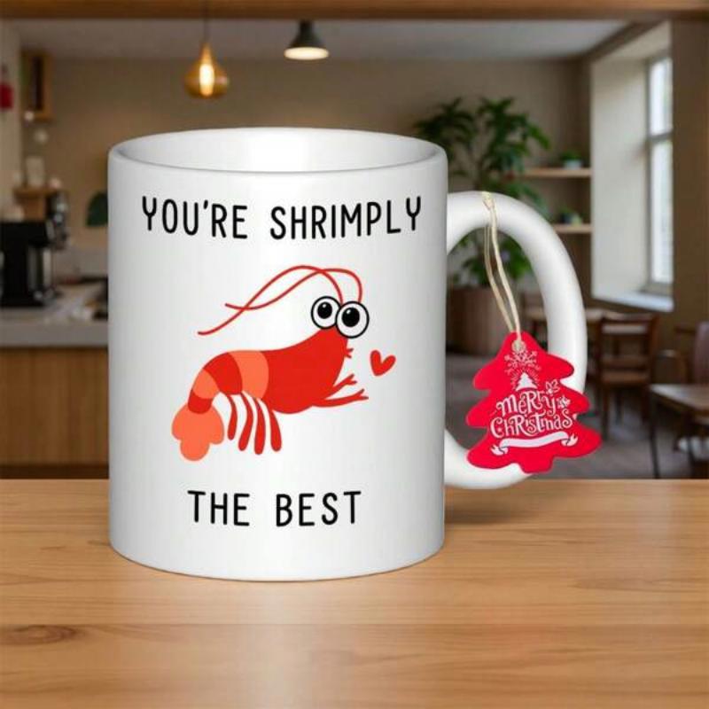 Tailorly White Ceramic 11 oz Mug - Youre Shrimply The Best Smiling Cartoon Red Shrimp Swimming Beside A Tiny Heart Shrimp