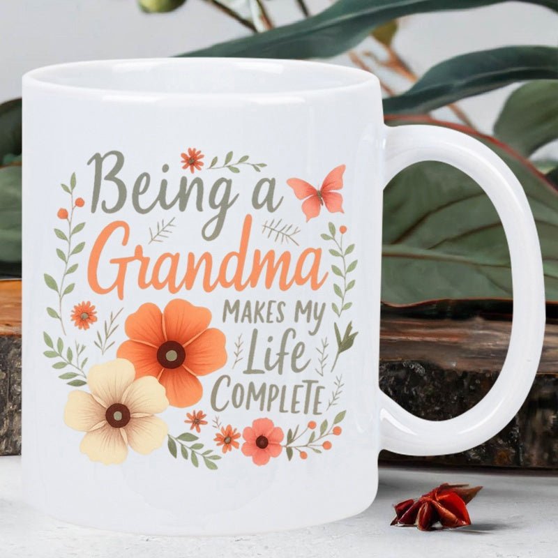 Tailorly White Ceramic 11 oz Mug - Being A Grandma Makes My Life Complete Blooming Orange Petals Among Elegant Green Leaves And Small Butterfly Flower