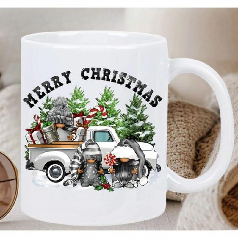 Tailorly White Ceramic 11 oz Mug - Merry Christmas Festive White Pickup Truck Carrying Gnomes Among Snowy Trees Gnome