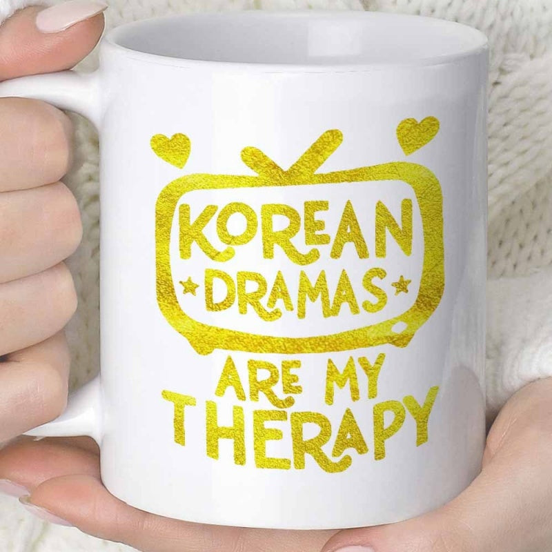 Tailorly White Ceramic 11 oz Mug - Korean Dramas Are My Therapy Golden Textured Vintage Retro Frame With Small Hearts Television