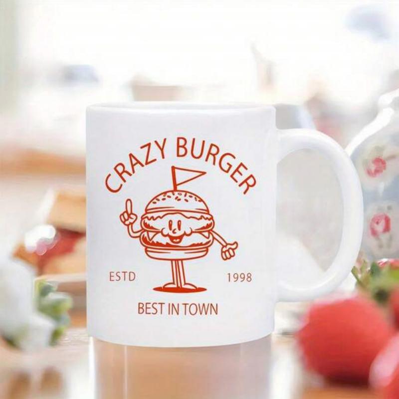Tailorly White Ceramic 11 oz Mug - Crazy Burger Best In Town Retro Cartoon Style Character Featuring A Smiling Happy Dancing Burger