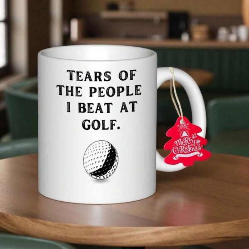 Tailorly White Ceramic 11 oz Mug - Tears Of The People I Beat At Golf Simple Hand Drawn Textured White And Black Sporty Dimpled Surface Golf Ball