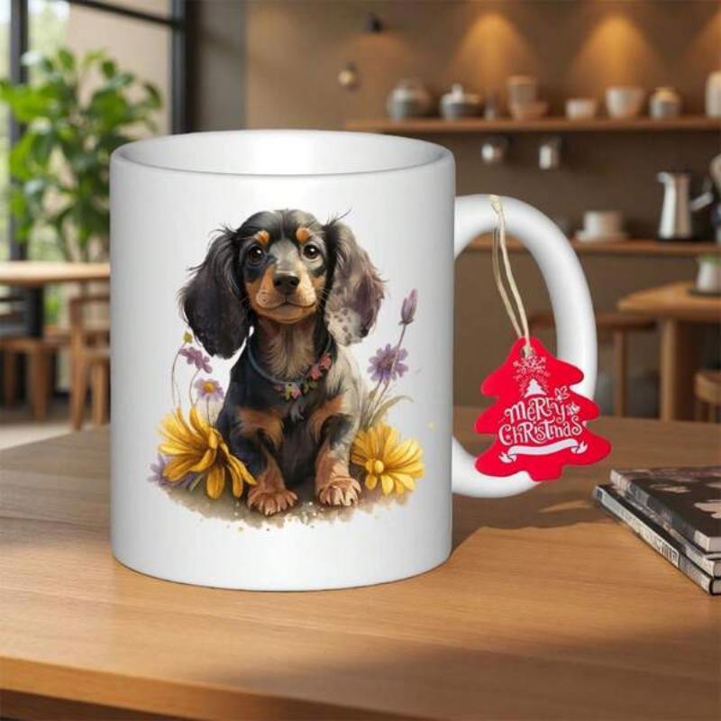 Tailorly White Ceramic 11 oz Mug - Merry Christmas Adorable Long Haired Puppy Sitting Among Blooming Flowers Dachshund