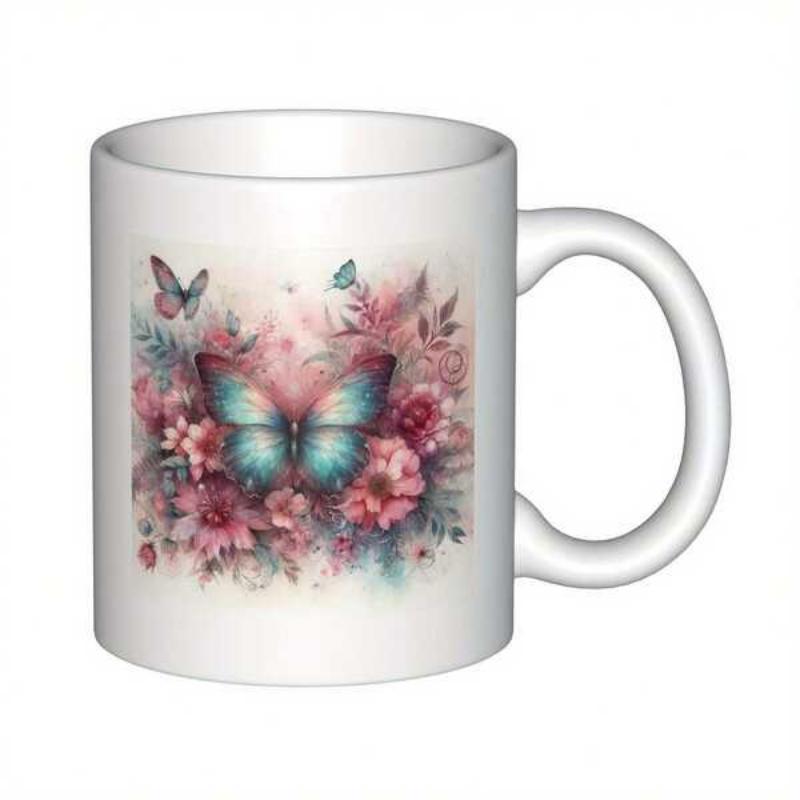 Tailorly White Ceramic 11 oz Mug - Beautiful Vibrant Blue Winged Creature Among Blooming Pink And Purple Floral Garden Butterfly