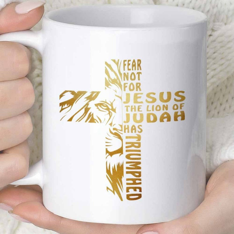Tailorly White Ceramic 11 oz Mug - Fear Not For Jesus The Lion Of Judah Has Triumphed Majestic Golden Art Deco Style Silhouette Within A Symbolic Sacred Christian