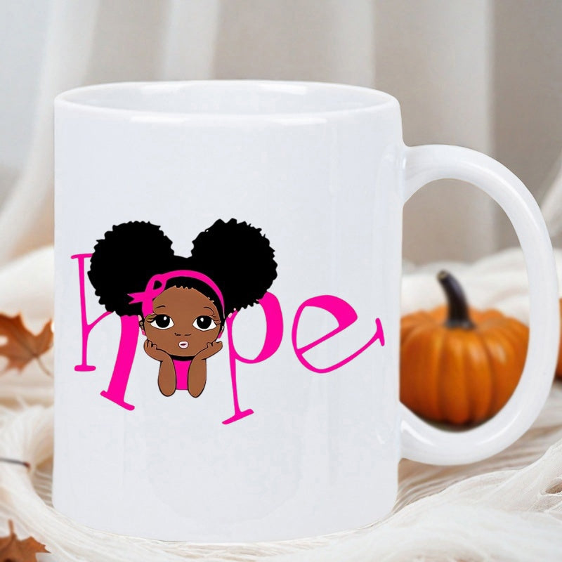 Tailorly White Ceramic 11 oz Mug - Hope Adorable Dark Skinned Child With Puffy Hair And Pink Awareness Ribbon Girl