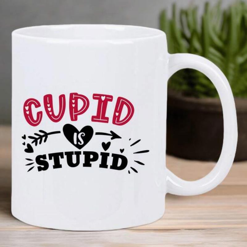 Tailorly White Ceramic 11 oz Mug - Cupid Is Stupid Stylistic Hearts And Arrows Elements Arranged With Bold Decorative Artistic Lettering Mug