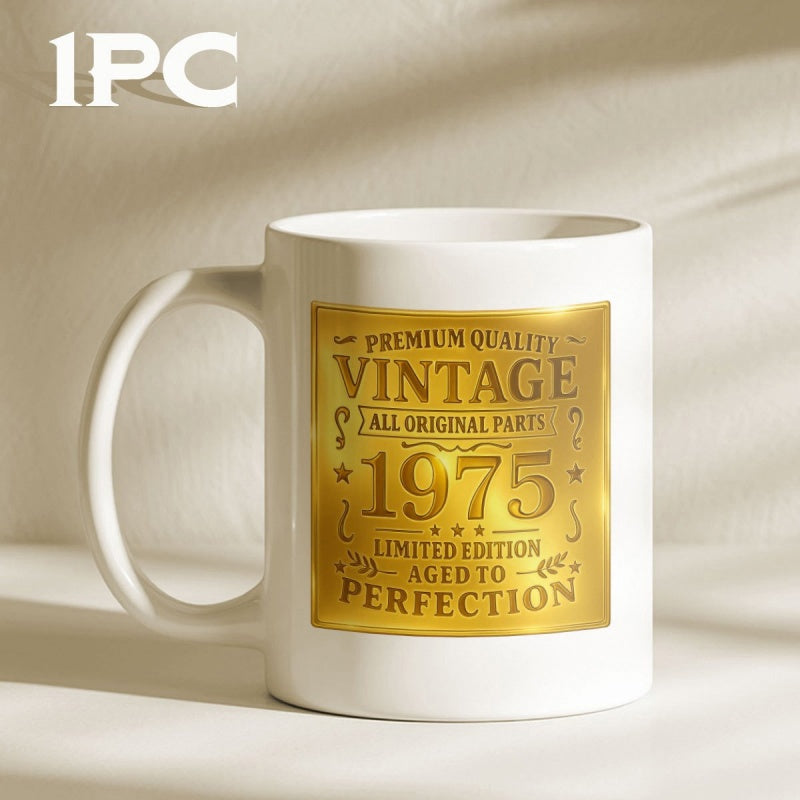 Tailorly White Ceramic 11 oz Mug - Premium Quality Vintage All Original Parts 1975 Limited Edition Aged To Perfection Shimmering Golden Rectangular Label With