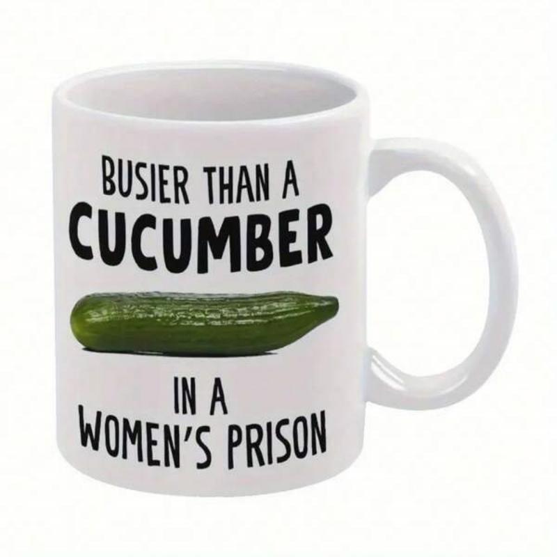Tailorly White Ceramic 11 oz Mug - Busier Than A Cucumber In A Women's Prison Fresh Long Green Ripe Vegetable Floating Over White Ceramic Background Cucumber