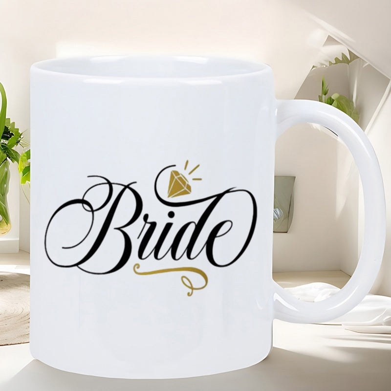 Tailorly White Ceramic 11 oz Mug - Bride Sparkling Golden Diamond Icon With Elegant Calligraphy Script Ceramic Mug