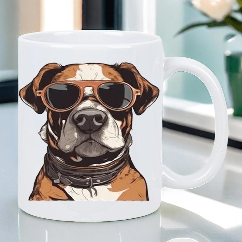 Tailorly White Ceramic 11 oz Mug - Cool Brown And White Boxer Wearing Stylish Vintage Aviator Sunglasses Dog