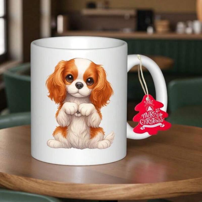 Tailorly White Ceramic 11 oz Mug - Merry Christmas Adorable Sitting Cavalier King Charles Puppy With Brown And White Fur Spaniel