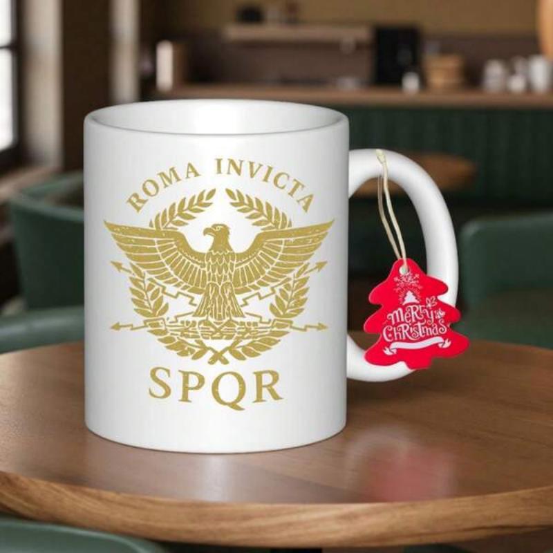 Tailorly White Ceramic 11 oz Mug - Roma Invicta Spqr Majestic Golden Imperial Emblem With Laurel Wreath And Wings Of An Eagle