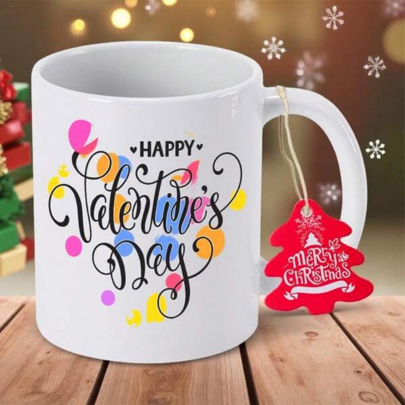 Tailorly White Ceramic 11 oz Mug - Happy Valentine's Day Colorful Polka Dots With Artistic Calligraphy Elements And Celebratory Greeting