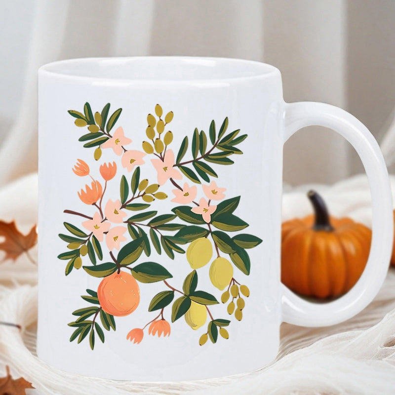 Tailorly White Ceramic 11 oz Mug - Vibrant Blooming Garden With Ripe Citrus Fruits And Delicate Peach Petals Flower