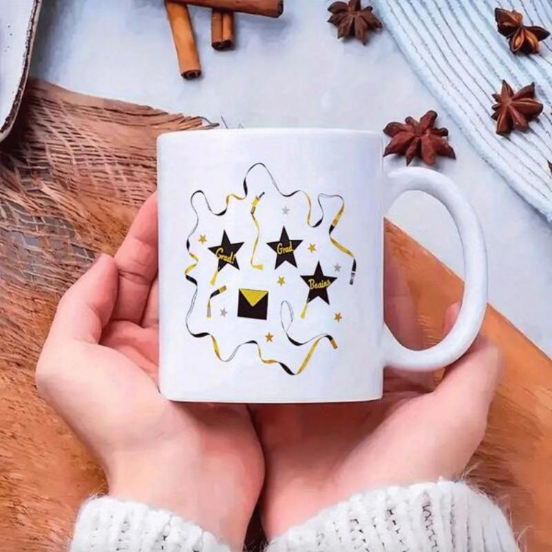 Tailorly White Ceramic 11 oz Mug - Golden Ribbons And Black Stars Surrounding A Festive Small Mailbox Envelope Star