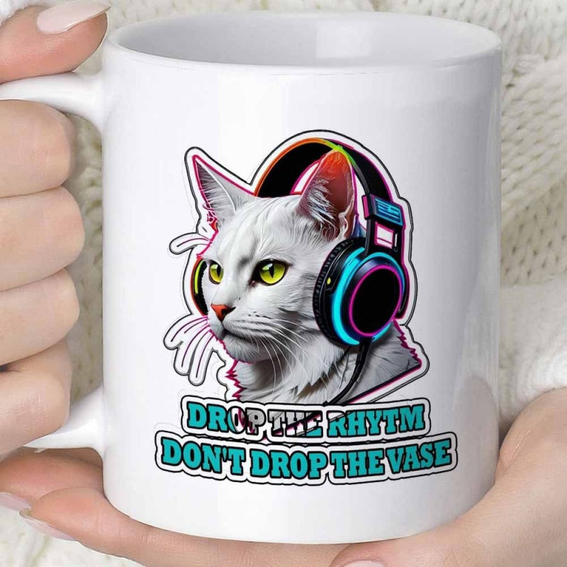 Tailorly White Ceramic 11 oz Mug - Drop The Rhytm Don't Drop The Vase Cool White Feline Wearing Vibrant Neon Headphones Listening To Music Cat