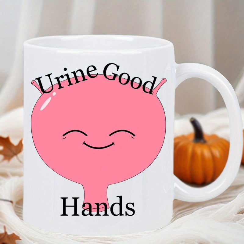 Tailorly White Ceramic 11 oz Mug - Urine Good Hands Smiling Pink Cartoon Human Organ With Cute Facial Expressions And Cheerful Atmosphere Bladder