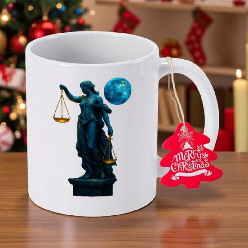 Tailorly White Ceramic 11 oz Mug - Mystical Blue Lady Justice Holding Scales Standing Beside Glowing Lunar Moon Sculpture