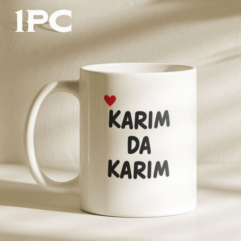 Tailorly White Ceramic 11 oz Mug - Karim Da Karim Minimalist White Ceramic Vessel With Red Heart And Bold Script Mug