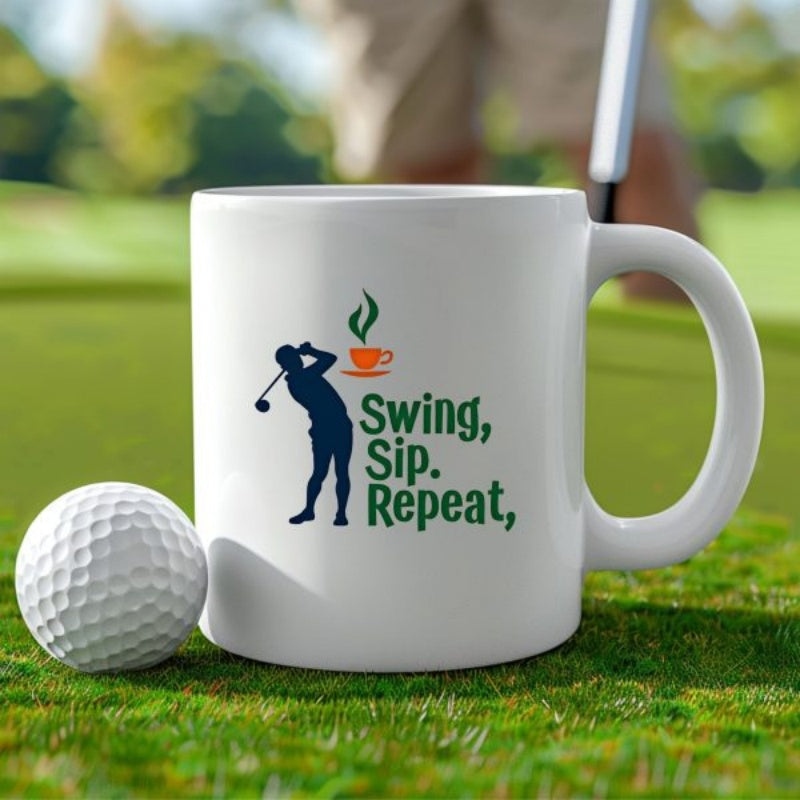 Tailorly White Ceramic 11 oz Mug - Swing Sip Repeat Silhouette Standing On Green Grass With Steaming Orange Coffee Cup Golfer