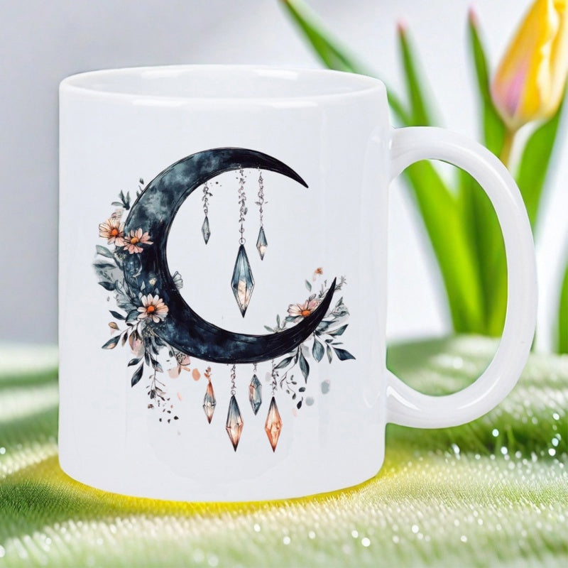 Tailorly White Ceramic 11 oz Mug - Mystical Dark Watercolor Hanging Crystals And Delicate Flowers Moon