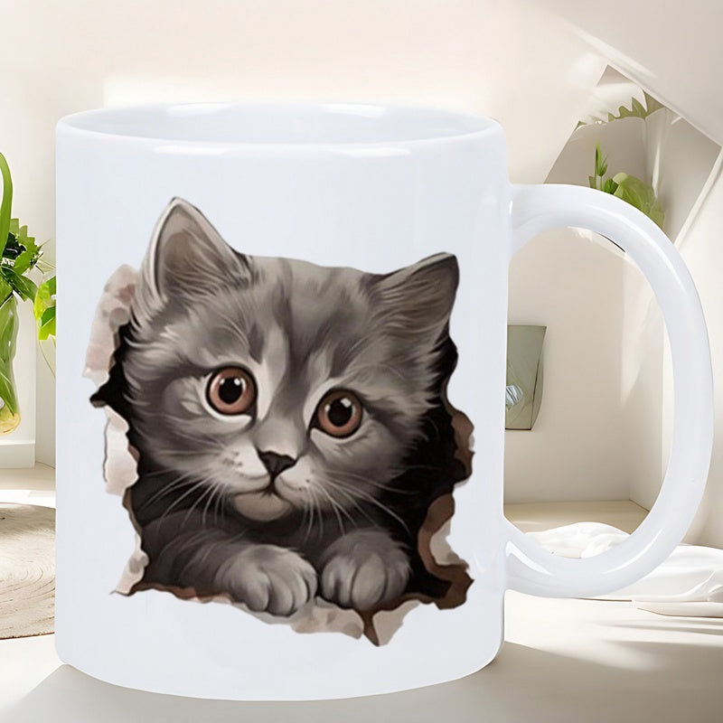 Tailorly White Ceramic 11 oz Mug - Adorable Fluffy Grey Pet Peeking Through Realistic Broken Paper Hole Kitten