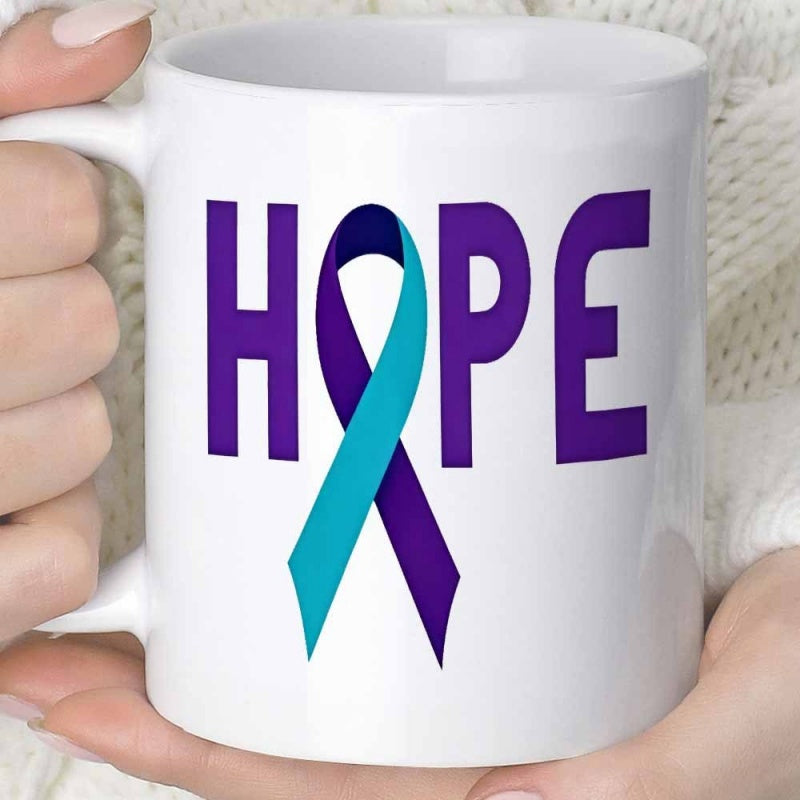 Tailorly White Ceramic 11 oz Mug - Hope Purple And Teal Support Ribbon Within Bold Minimalist Lettering Ribbon