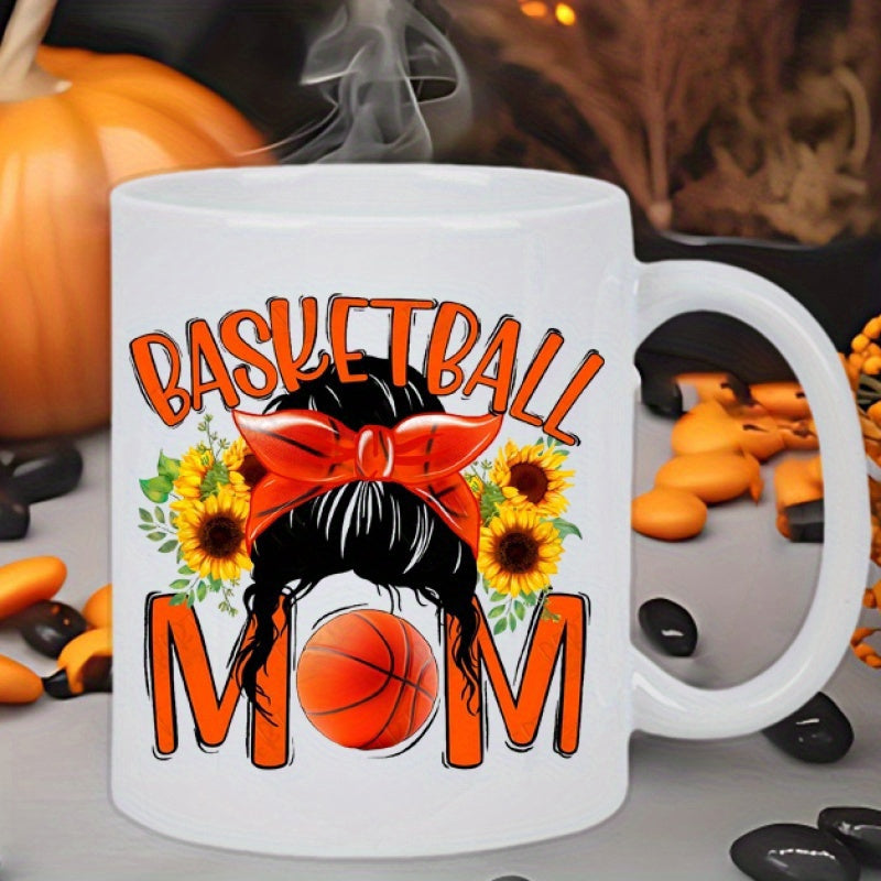 Tailorly White Ceramic 11 oz Mug - Basketball Mom Messy Bun With Orange Bow And Blooming Sunflowers Around Orange Basketball Mom