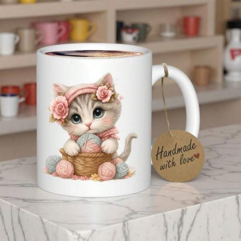 Tailorly White Ceramic 11 oz Mug - Handmade With Love Adorable Fluffy Furry Pet Wearing Pink Floral Headband Beside Basket Yarn Kitten