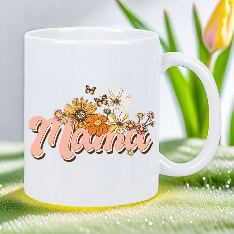 Tailorly White Ceramic 11 oz Mug - Mama Vibrant Retro Wildflowers Blooming Among Delicate Butterflies And Vintage Script Style Flower