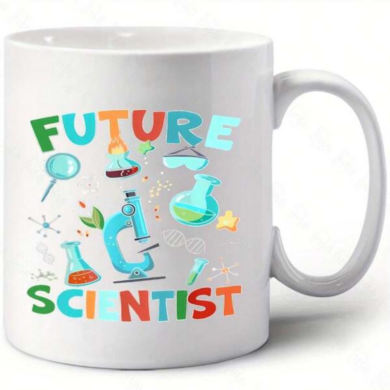 Tailorly White Ceramic 11 oz Mug - Future Scientist Colorful Laboratory Equipment Floating Among Various Scientific Tools Under Bright Light Microscope