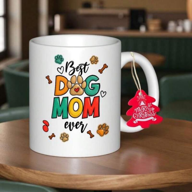 Tailorly White Ceramic 11 oz Mug - Best Dog Mom Ever Vibrant Stylized Artistic Lettering Featuring Mini Paws And Small Little Heart Paw