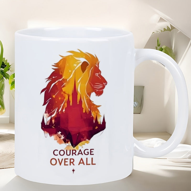 Tailorly White Ceramic 11 oz Mug - Courage Over All Artistic Geometric Silhouette In Warm Fiery Colors Depicting Strength Lion