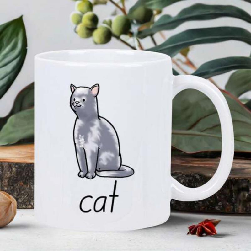 Tailorly White Ceramic 11 oz Mug - Cat Minimalist Hand Drawn Grey Kitten Sitting Quietly On Smooth Surface Cat