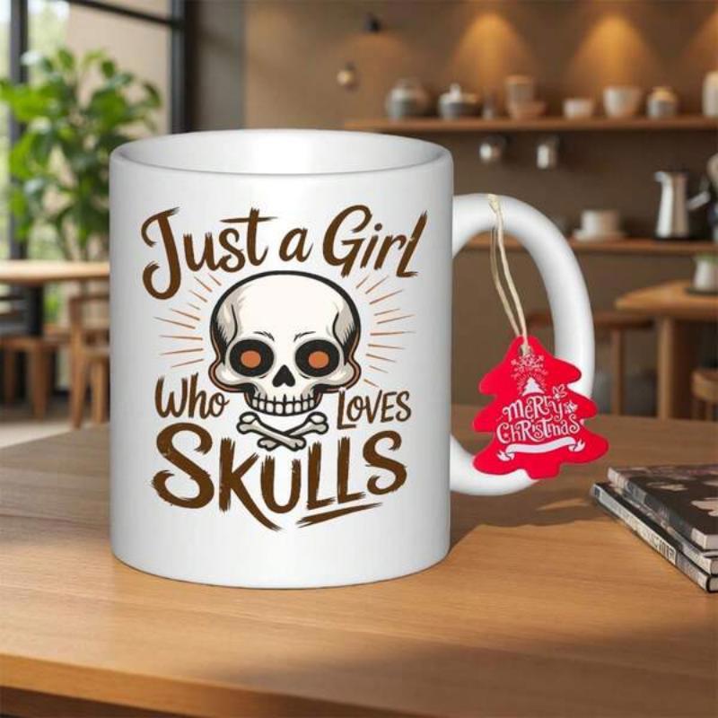 Tailorly White Ceramic 11 oz Mug - Just A Girl Who Loves Skulls Artistic Detailed Human Head Bone With Crossbones And Radiant Sunburst Background Skull
