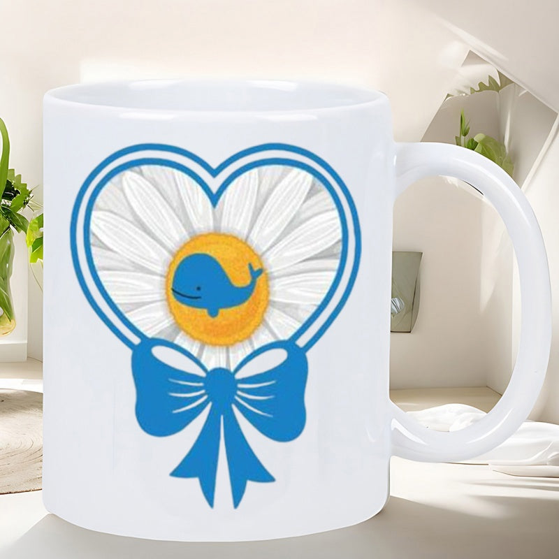 Tailorly White Ceramic 11 oz Mug - Charming White Daisy Inside Blue Heart Frame With Elegant Ribbon Bow Whale