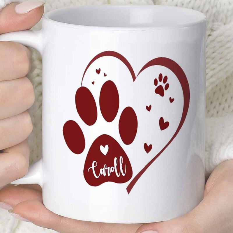 Tailorly White Ceramic 11 oz Mug - Caroll Stylized Heart Outline Featuring Small Hearts And A Large Animal Paw
