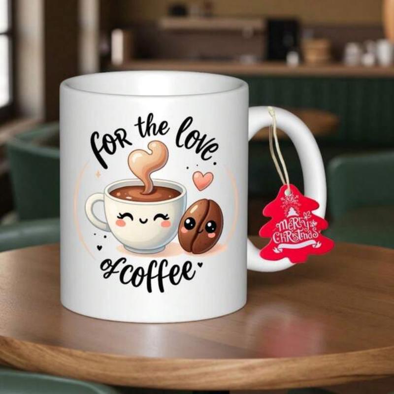 Tailorly White Ceramic 11 oz Mug - For The Love Of Coffee Cute Cartoon Smiling Cup With Heart Shaped Steam And Bean Coffee