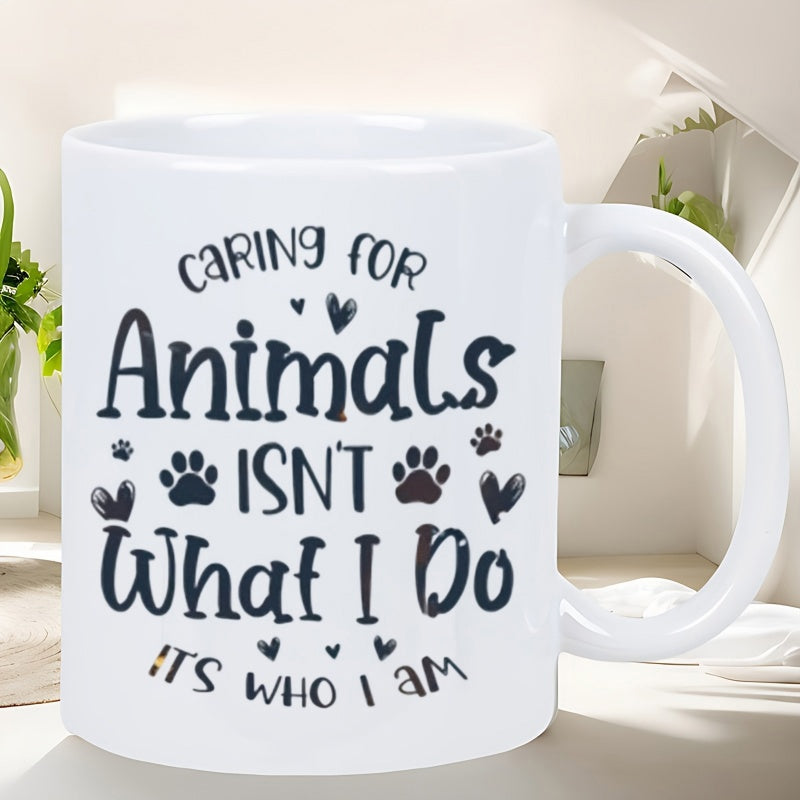 Tailorly White Ceramic 11 oz Mug - Caring For Animals Isnt What I Do Its Who I Am Minimalist Paw Prints With Tiny Hearts And Decorative Script Typography Pattern
