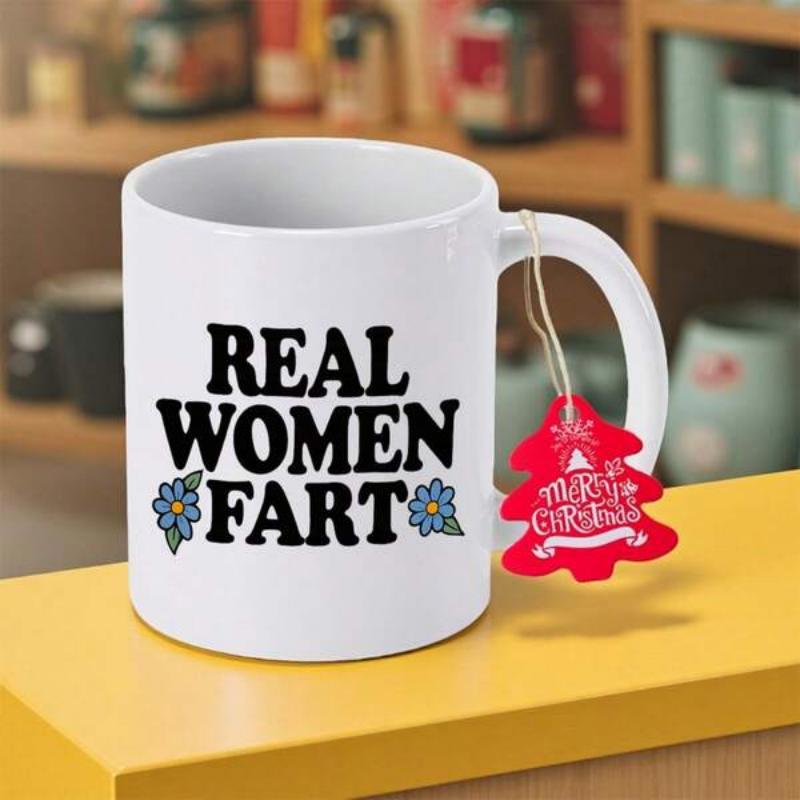 Tailorly White Ceramic 11 oz Mug - Real Women Fart Minimalist White Ceramic With Small Blue Floral Accents Mug