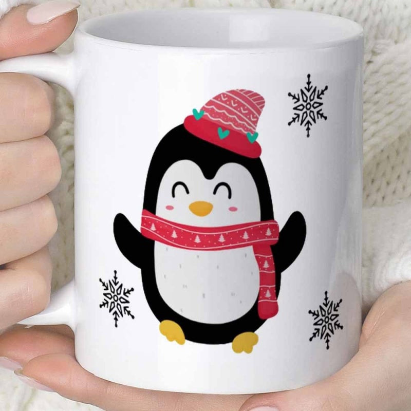 Tailorly White Ceramic 11 oz Mug - Cute Cartoon Winter Bird Wearing Hat And Scarf Among Snowflakes Penguin