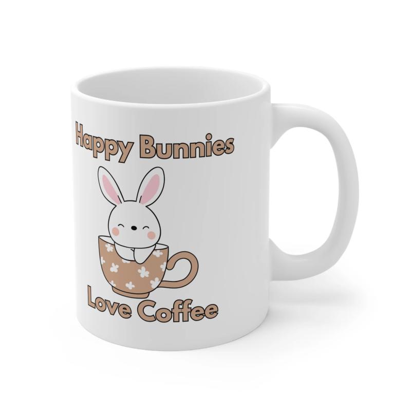 Tailorly White Ceramic 11 oz Mug - Happy Bunnies Love Coffee Cute White Rabbit Peeking From Polka Dot Brown Tea Cup Bunny