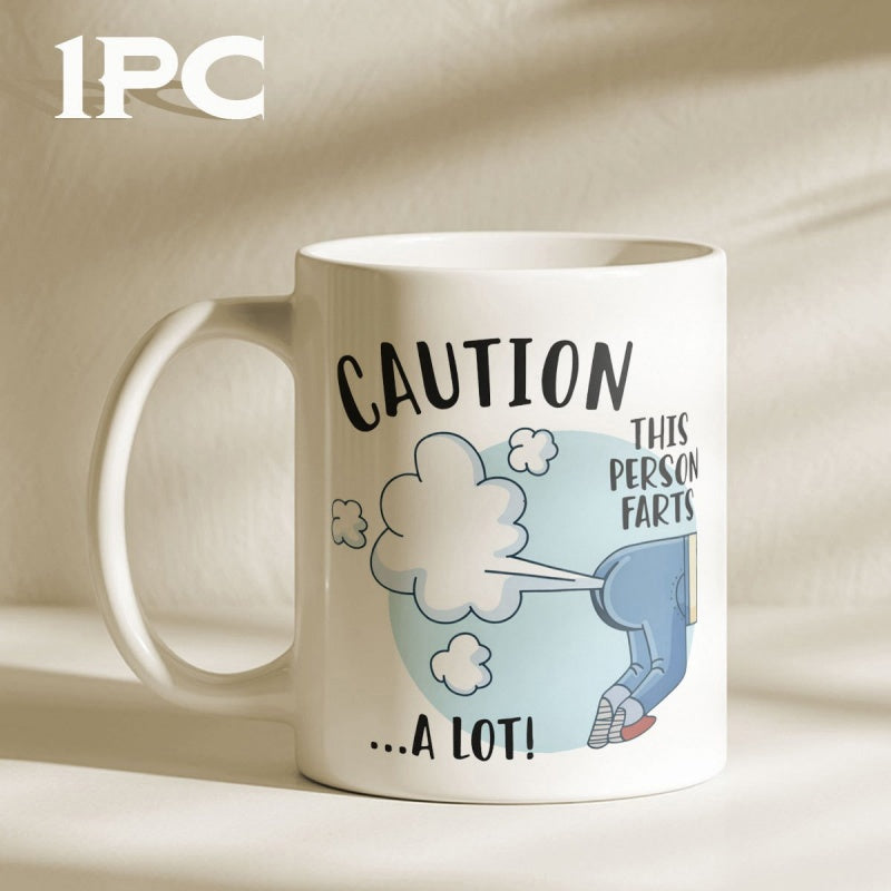 Tailorly White Ceramic 11 oz Mug - Caution This Person Farts A Lot Funny Cartoon Character Releasing Large Smoke Cloud Wearing Blue Jeans Mug