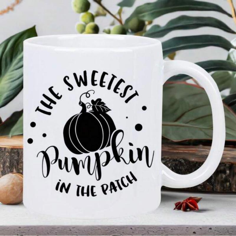 Tailorly White Ceramic 11 oz Mug - The Sweetest Pumpkin In The Patch Minimalist Black Silhouette Of A Harvest Pumpkin Surrounded By Decorative Dots Pumpkin