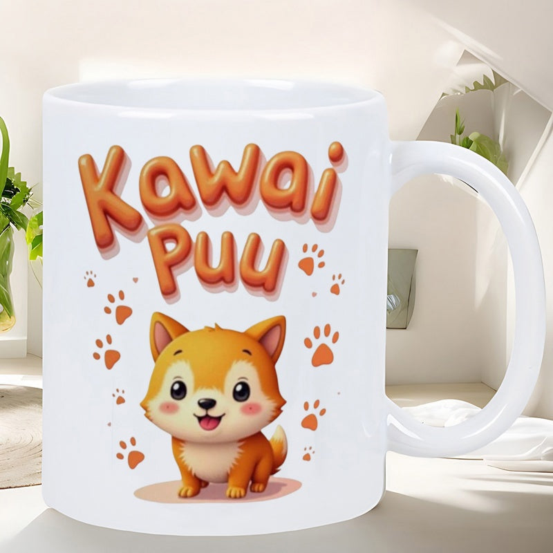 Tailorly White Ceramic 11 oz Mug - Kawai Puu Adorable Cartoon Character Surrounded By Tiny Little Floating Paw Prints Puppy